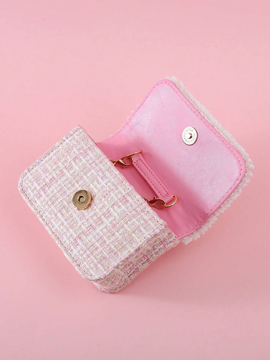 Girls Mini Handbag With Bow Pearl Lace Decor PU Leather Chain Flap Closure Cute Small Purse For Kids Daily Outings Festival Party Gift