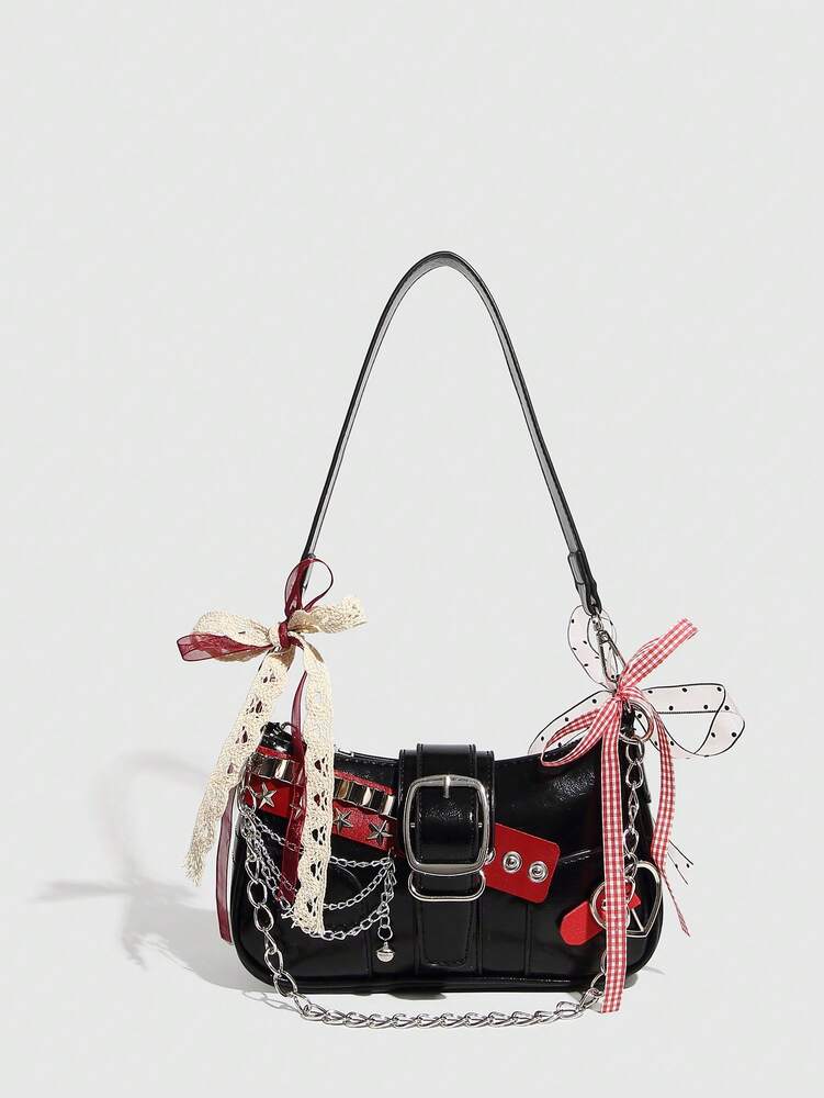 Women's Y2K Star Moon Print Crossbody Bag With Pink Chain Decor Stylish Baguette Shoulder Bag Gothic Steampunk Rock Style Party Purse