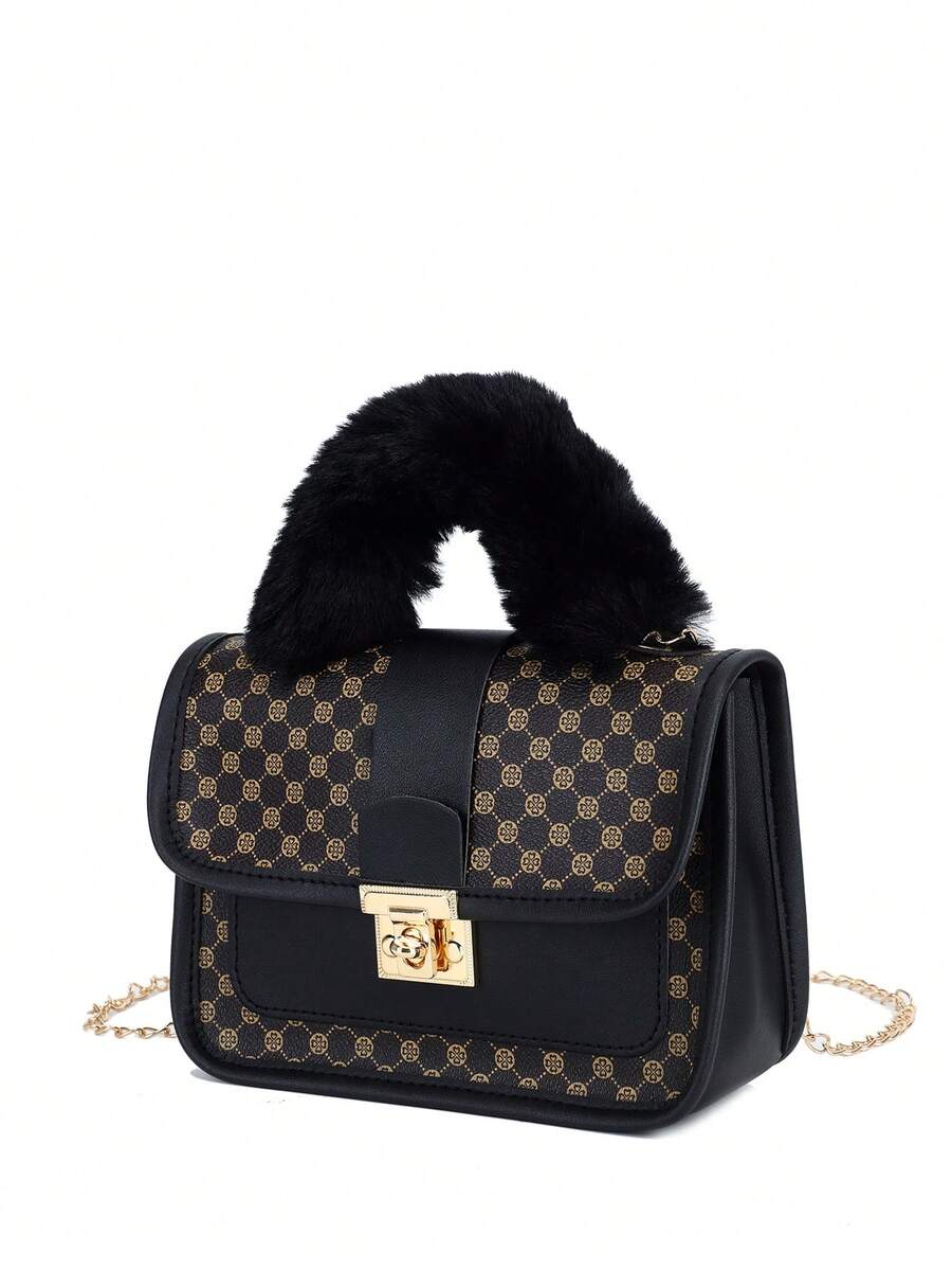 Women's Vintage Plush Handbag With Printed Design Small Square Purse Metal Chain Crossbody Bag Cute Casual Daily Wear Mini Handbag Gift