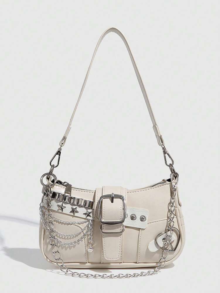 Women's Y2K Star Moon Print Crossbody Bag With Pink Chain Decor Stylish Baguette Shoulder Bag Gothic Steampunk Rock Style Party Purse