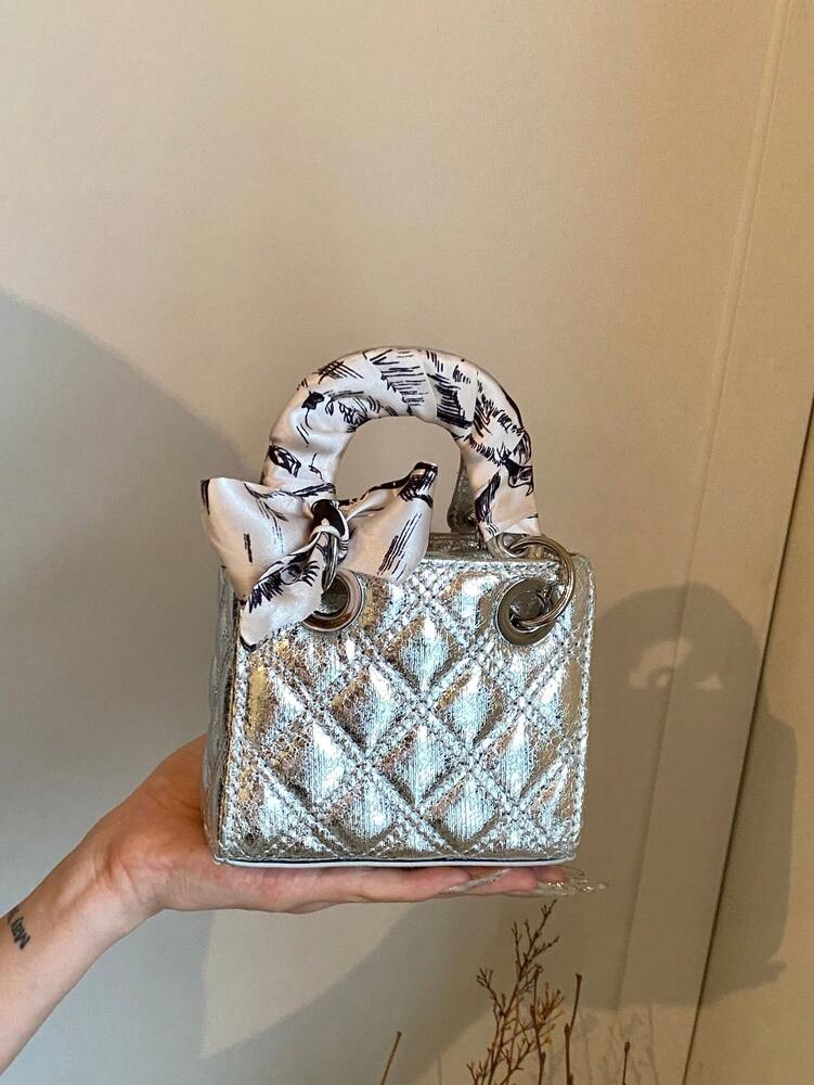 Women's Embroidered Mini Handbag Fashionable Square Crossbody Bag With Silk Scarf Detail New Casual Shoulder Tote For Daily Use Or Travel