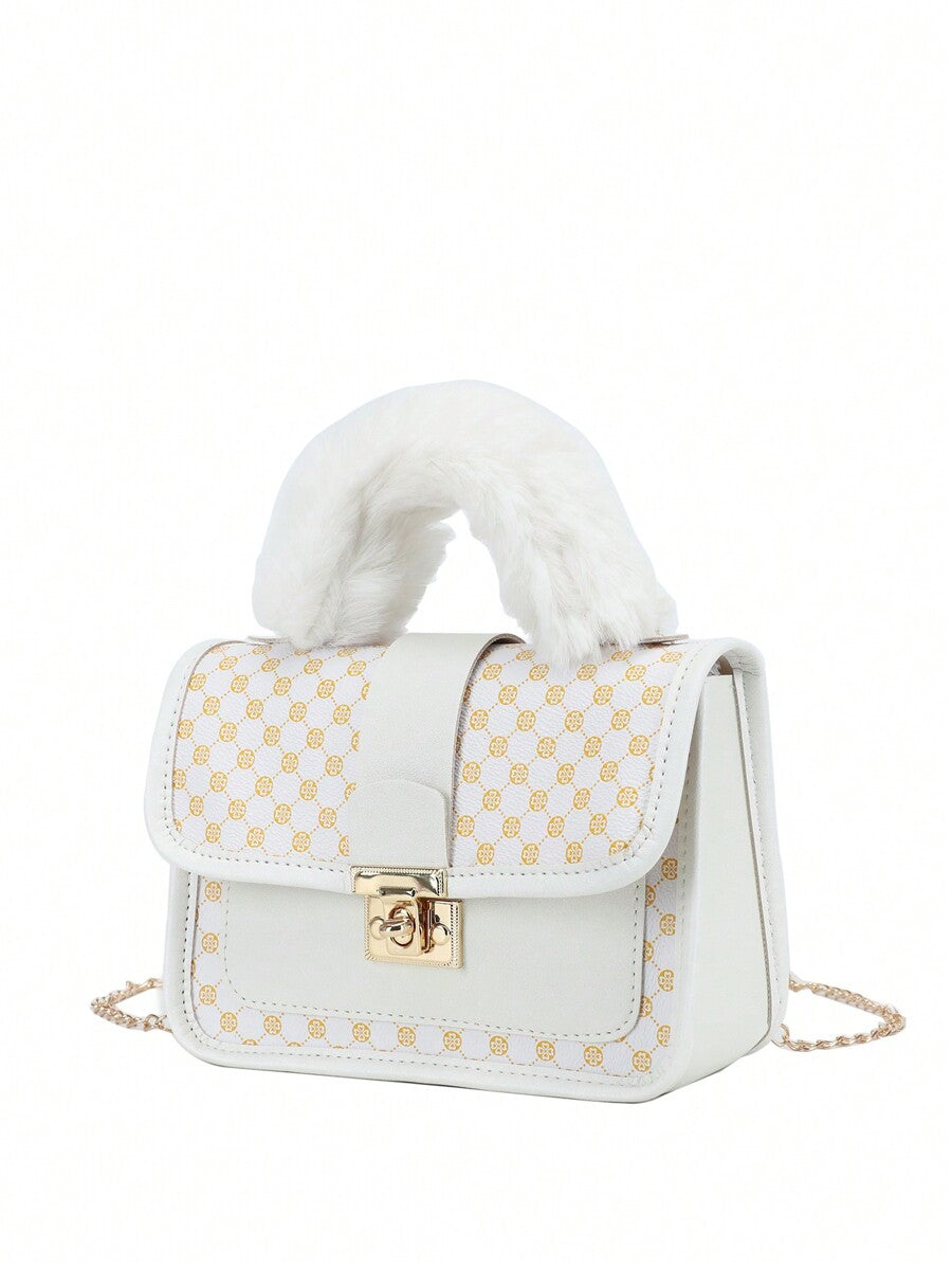 Women's Vintage Plush Handbag With Printed Design Small Square Purse Metal Chain Crossbody Bag Cute Casual Daily Wear Mini Handbag Gift