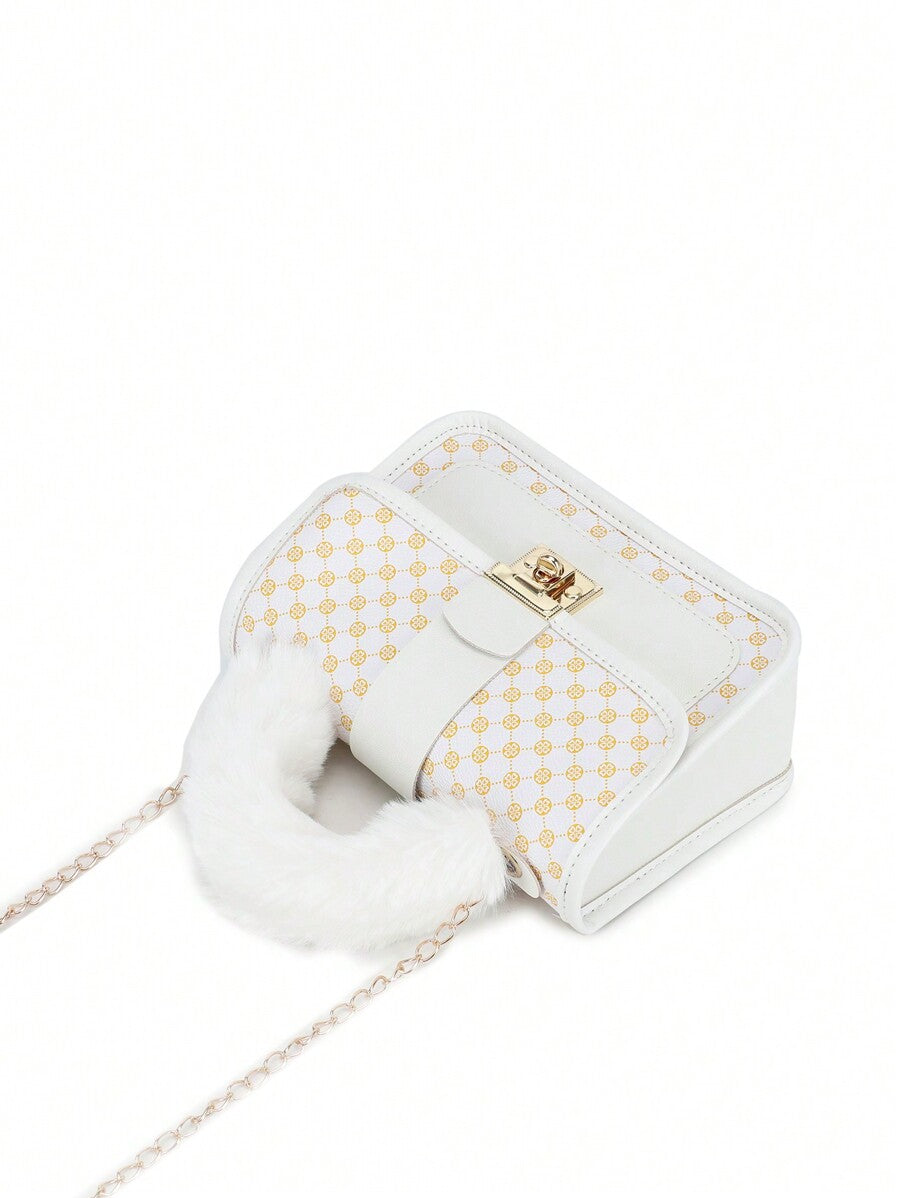Women's Vintage Plush Handbag With Printed Design Small Square Purse Metal Chain Crossbody Bag Cute Casual Daily Wear Mini Handbag Gift