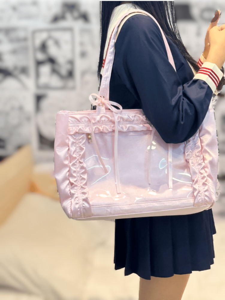Women's Japanese Harajuku Style Satin Bow Large Capacity Tote Bag Cute Arc Shoulder Purse For Comic Exhibition Cosplay Party Travel Gift