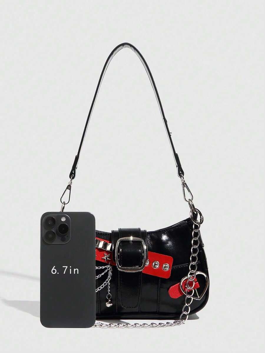 Women's Y2K Star Moon Print Crossbody Bag With Pink Chain Decor Stylish Baguette Shoulder Bag Gothic Steampunk Rock Style Party Purse