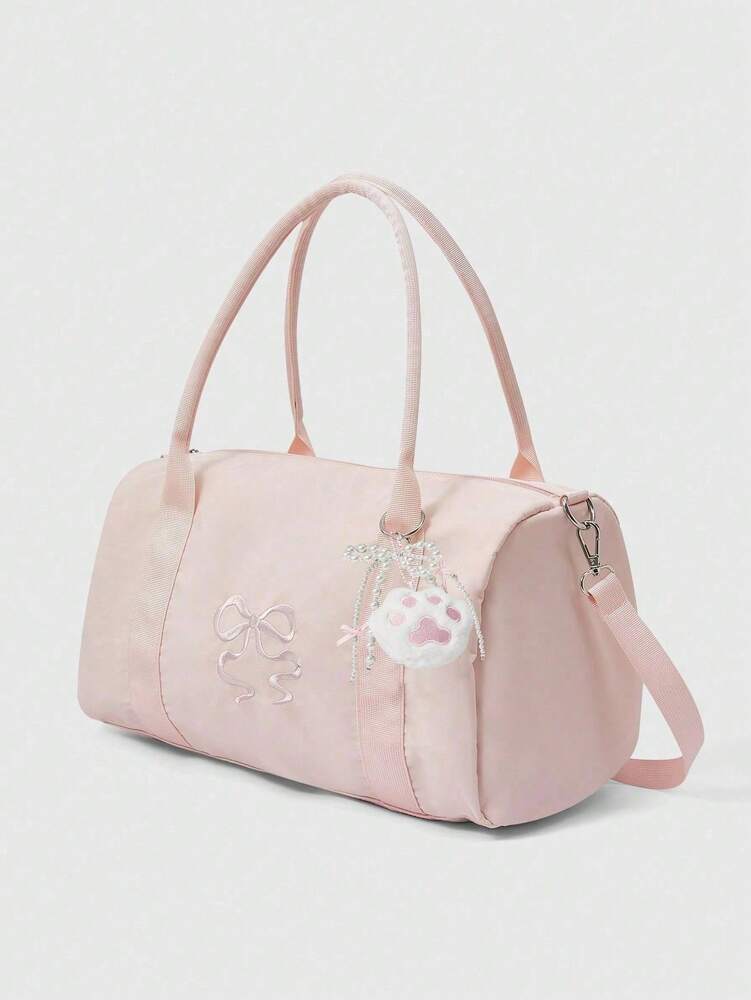 Women's Floral Embroidery Travel Tote Bag 2 In 1 Short Trip Handbag With Bow Decor Rectangular Sports Gym Bag Foldable Waterproof Luggage