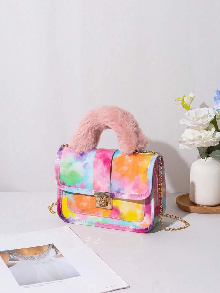 Women's Vintage Plush Handbag With Printed Design Small Square Purse Metal Chain Crossbody Bag Cute Casual Daily Wear Mini Handbag Gift