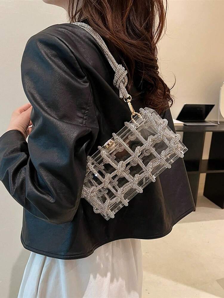 Women's Rhinestone Crescent Moon Clutch Elegant Sparkling Evening Bag With Glitter Detailing Rope Handle Prom Dinner Wedding Party Purse