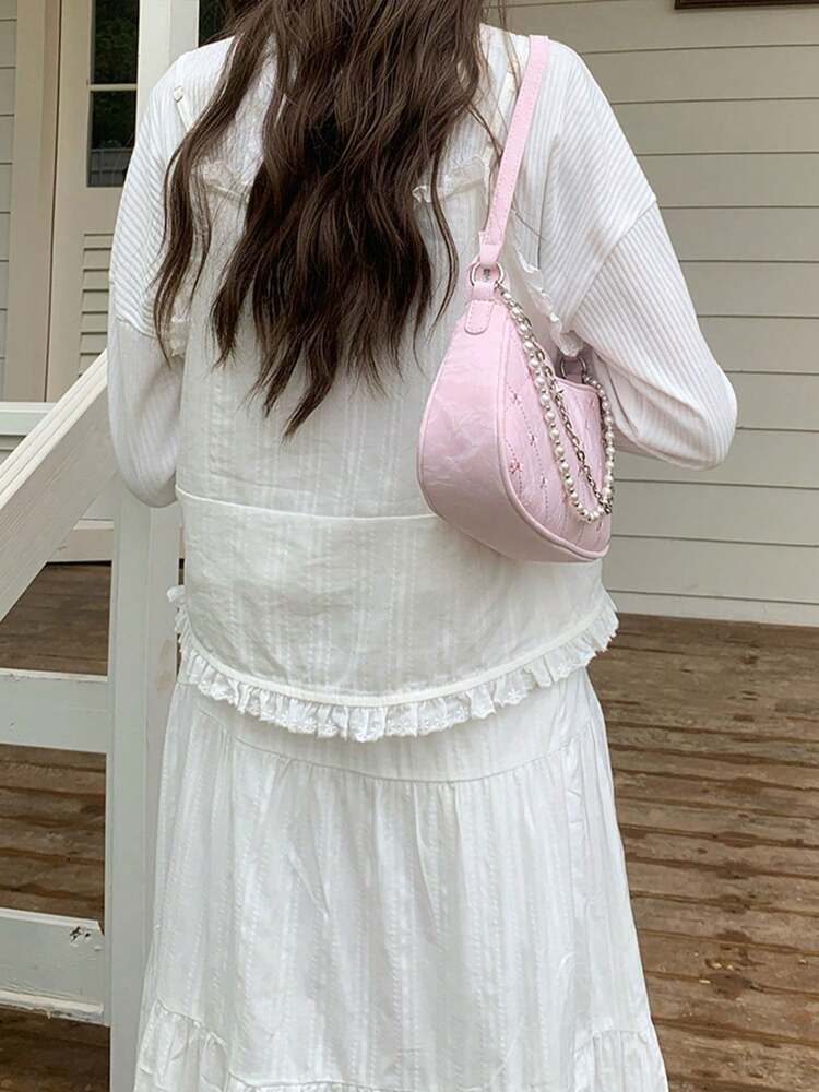 Women's Faux Pearl Chain Crossbody Bag Small Square Shoulder Bag Minimalist Design Elegant Summer Fashion Purse Cute Girly Daily Outfit