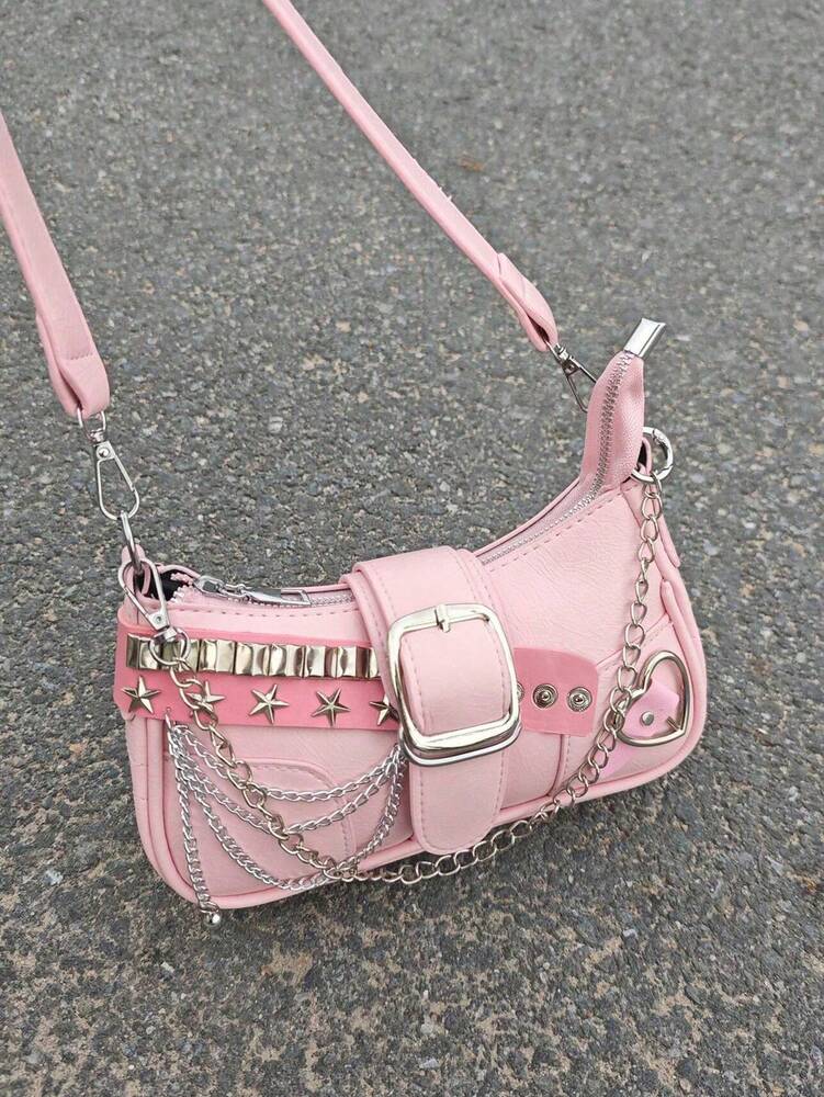 Women's Y2K Star Moon Print Crossbody Bag With Pink Chain Decor Stylish Baguette Shoulder Bag Gothic Steampunk Rock Style Party Purse