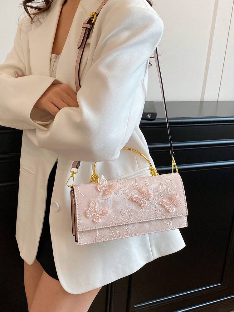 Women's Light Pink Jacquard Rectangular Handbag With Butterfly Decor Brass Knotted Handle Elegant Luxury Bridal Clutch For Wedding Party