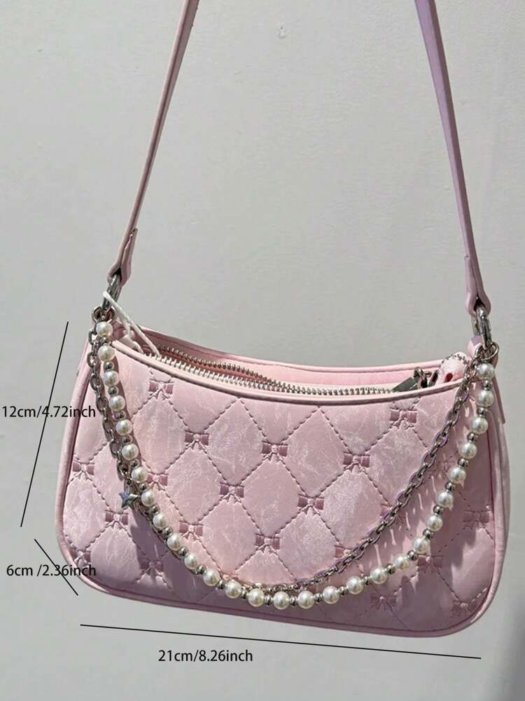 Women's Faux Pearl Chain Crossbody Bag Small Square Shoulder Bag Minimalist Design Elegant Summer Fashion Purse Cute Girly Daily Outfit