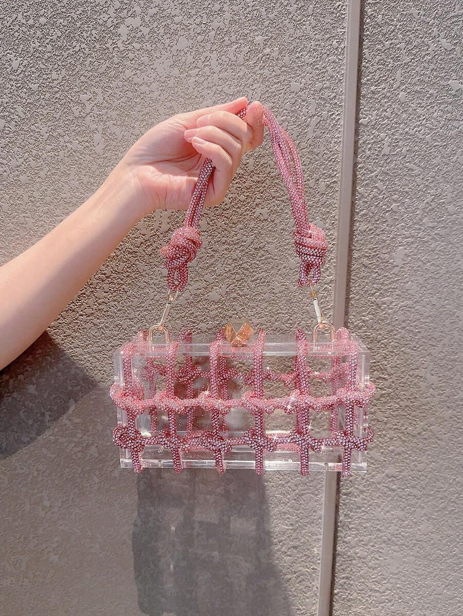 Women's Rhinestone Crescent Moon Clutch Elegant Sparkling Evening Bag With Glitter Detailing Rope Handle Prom Dinner Wedding Party Purse