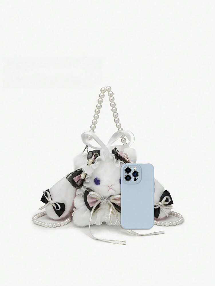 Women's Rabbit Shaped Plush Mini Handbag With Bow Pearl Chain Kawaii Lolita Style Crossbody Bag Cute Purse For Girls Party Holiday Gift