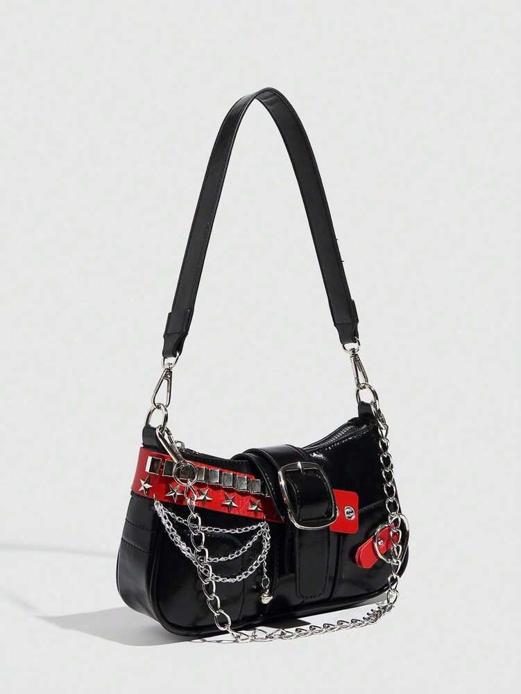 Women's Y2K Star Moon Print Crossbody Bag With Pink Chain Decor Stylish Baguette Shoulder Bag Gothic Steampunk Rock Style Party Purse