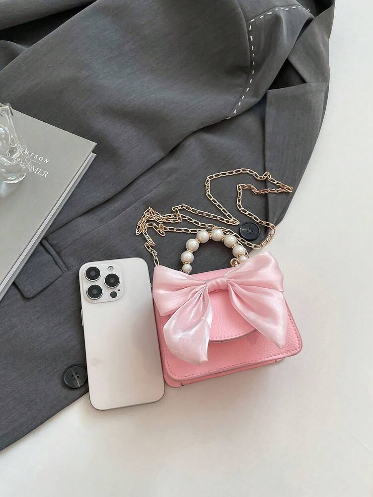 Women's Cute Bow Pearl Handbag With Chain Shoulder Strap Flip Magnetic Closure Fashion Crossbody Purse Stylish Mini Bag For Girls Party Gift