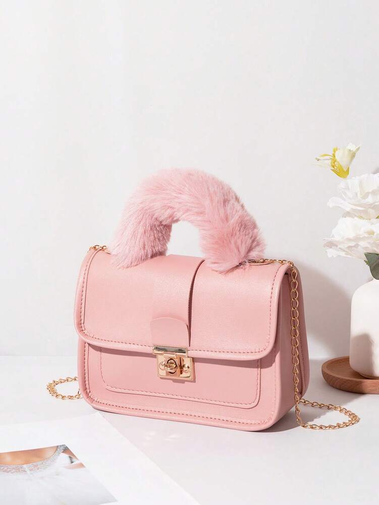 Women's Vintage Plush Handbag With Printed Design Small Square Purse Metal Chain Crossbody Bag Cute Casual Daily Wear Mini Handbag Gift