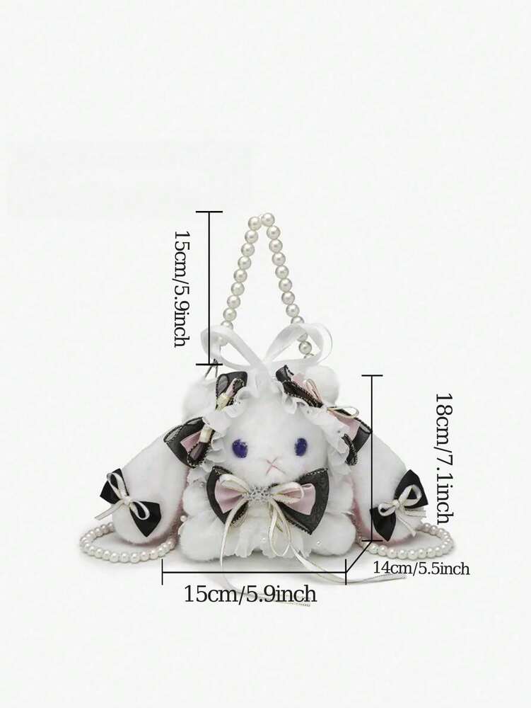 Women's Rabbit Shaped Plush Mini Handbag With Bow Pearl Chain Kawaii Lolita Style Crossbody Bag Cute Purse For Girls Party Holiday Gift