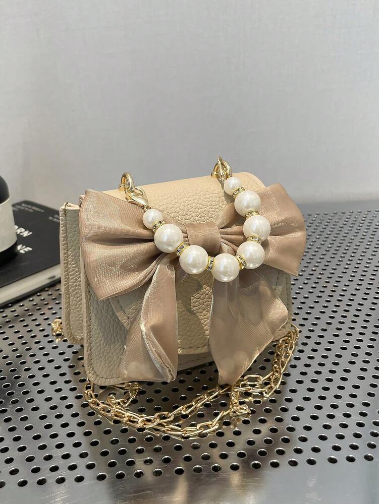 Women's Cute Bow Pearl Handbag With Chain Shoulder Strap Flip Magnetic Closure Fashion Crossbody Purse Stylish Mini Bag For Girls Party Gift