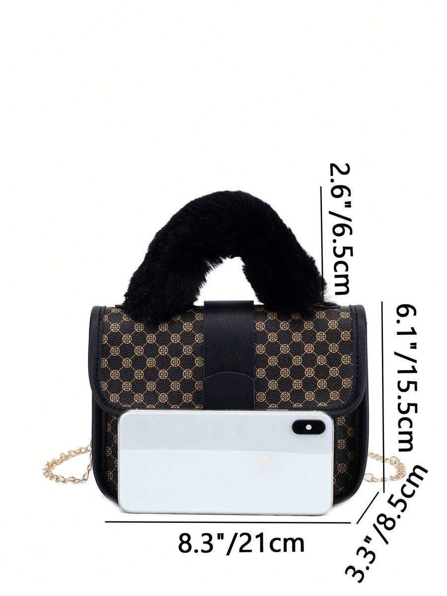 Women's Vintage Plush Handbag With Printed Design Small Square Purse Metal Chain Crossbody Bag Cute Casual Daily Wear Mini Handbag Gift