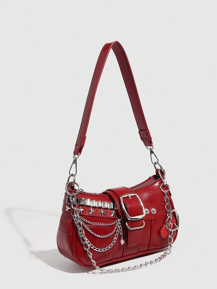 Women's Y2K Star Moon Print Crossbody Bag With Pink Chain Decor Stylish Baguette Shoulder Bag Gothic Steampunk Rock Style Party Purse