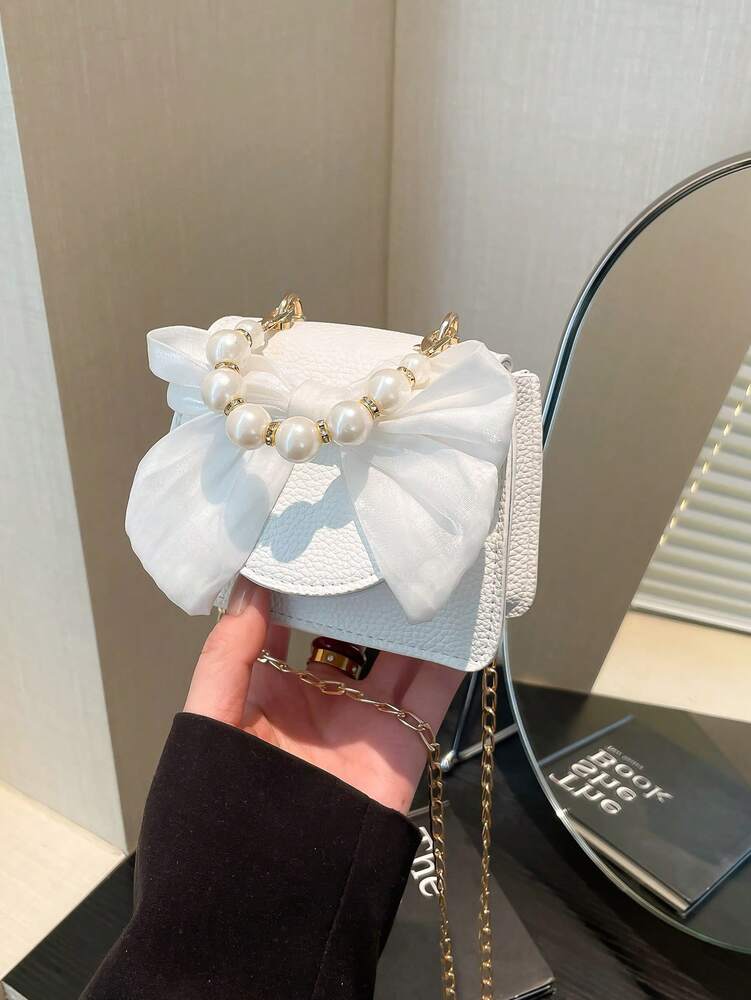 Women's Cute Bow Pearl Handbag With Chain Shoulder Strap Flip Magnetic Closure Fashion Crossbody Purse Stylish Mini Bag For Girls Party Gift