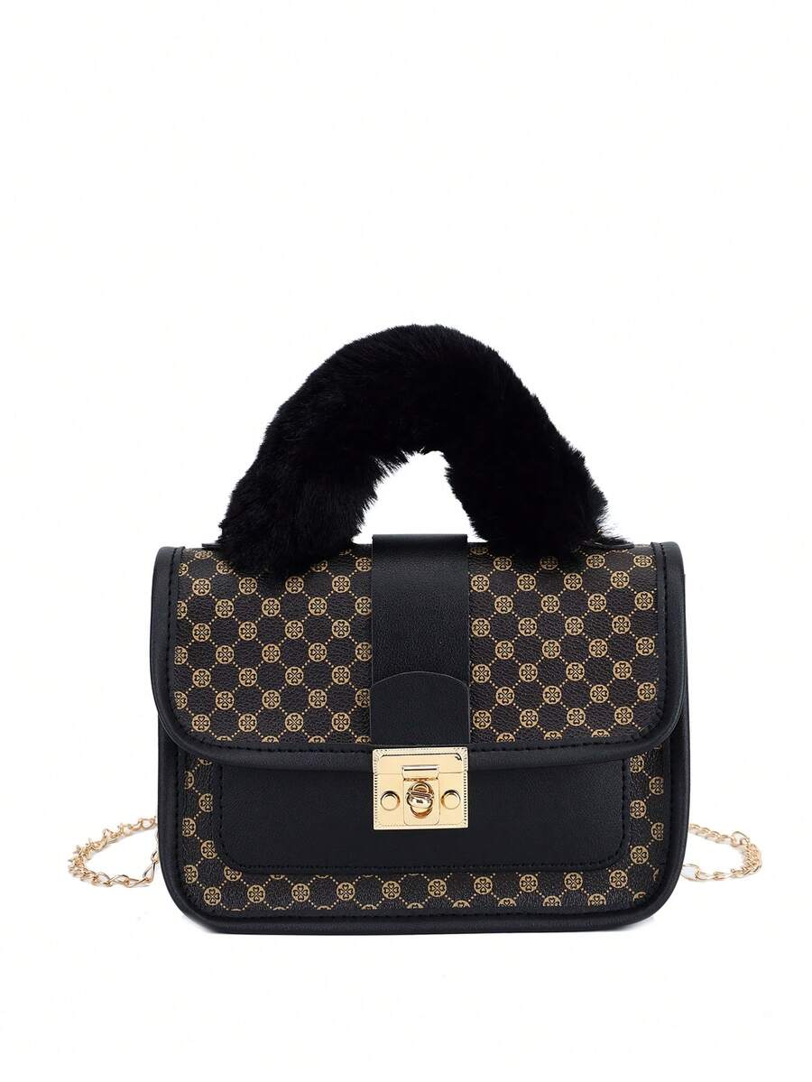Women's Vintage Plush Handbag With Printed Design Small Square Purse Metal Chain Crossbody Bag Cute Casual Daily Wear Mini Handbag Gift