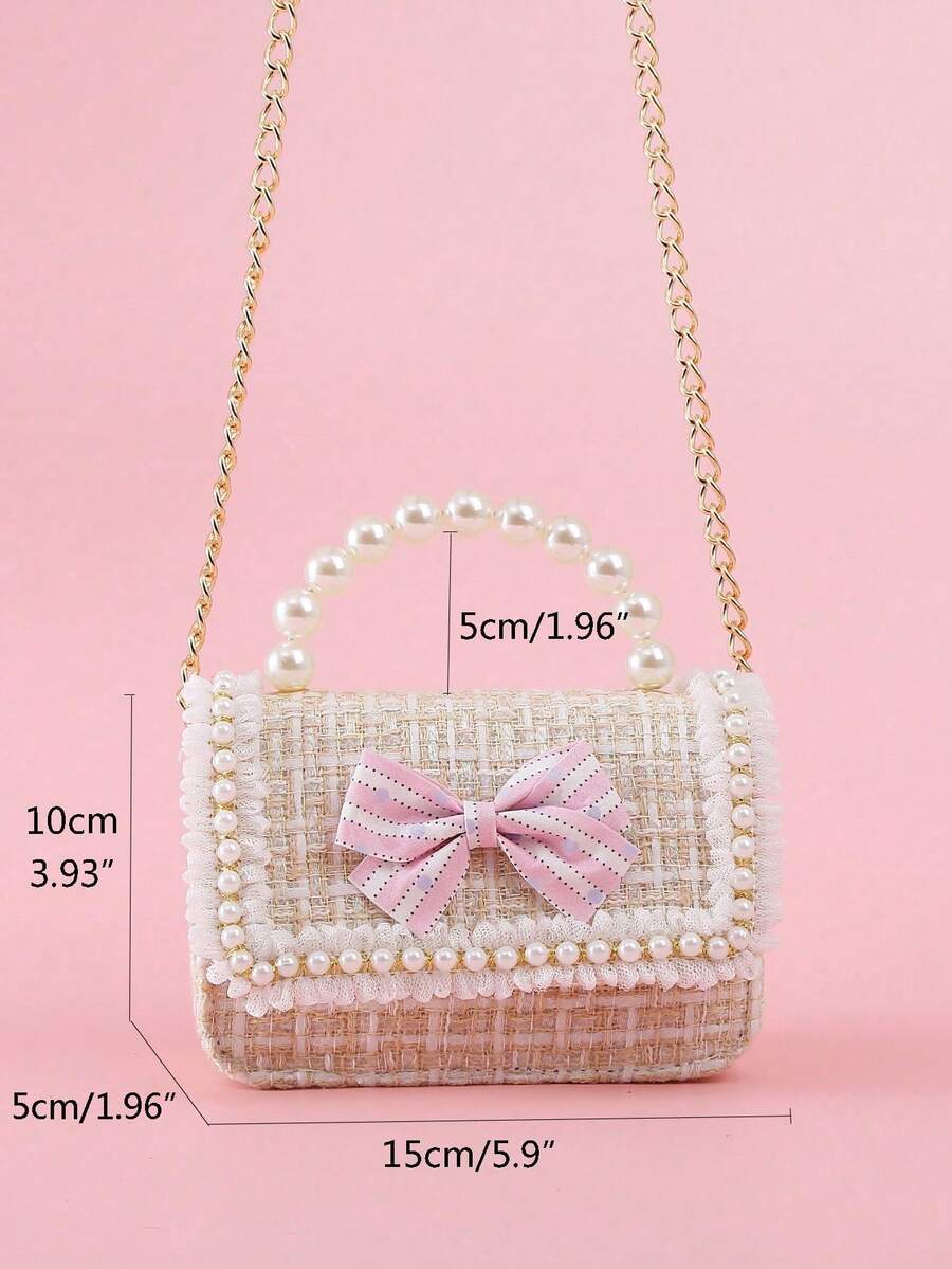 Girls Mini Handbag With Bow Pearl Lace Decor PU Leather Chain Flap Closure Cute Small Purse For Kids Daily Outings Festival Party Gift