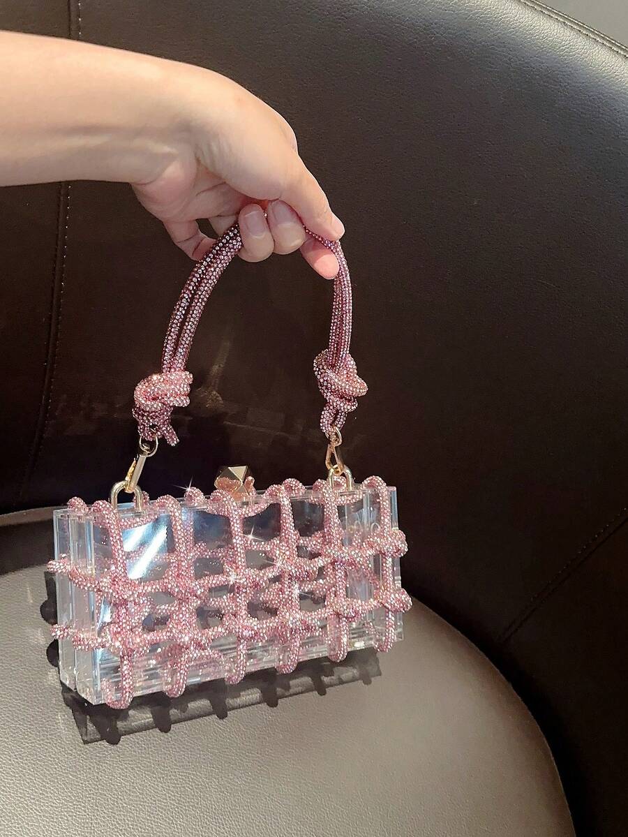 Women's Rhinestone Crescent Moon Clutch Elegant Sparkling Evening Bag With Glitter Detailing Rope Handle Prom Dinner Wedding Party Purse