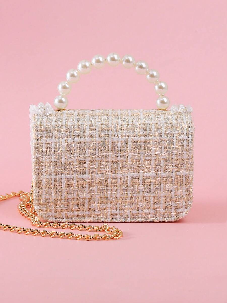 Girls Mini Handbag With Bow Pearl Lace Decor PU Leather Chain Flap Closure Cute Small Purse For Kids Daily Outings Festival Party Gift