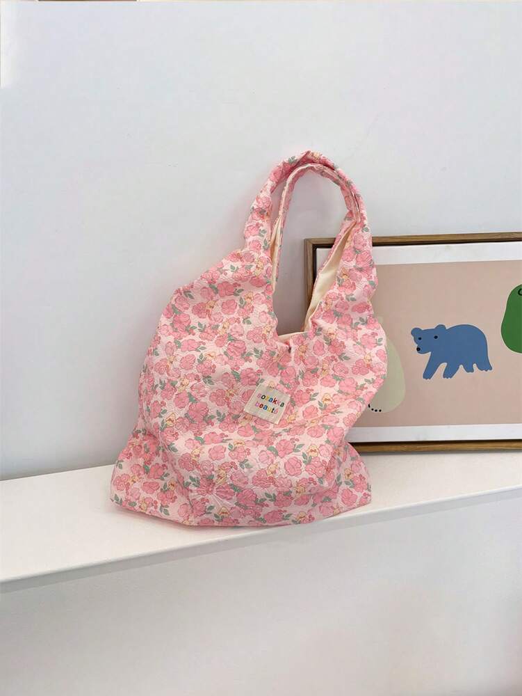 Women's Sweet Girly Style Large Capacity Shoulder Bag Solid Color Casual Tote Handbag With Animal Embossed Texture For College Travel Work