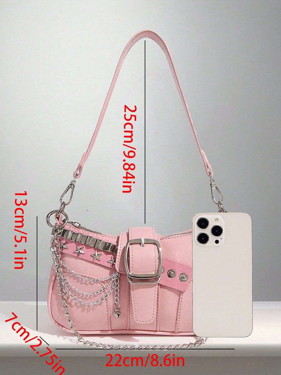 Women's Y2K Star Moon Print Crossbody Bag With Pink Chain Decor Stylish Baguette Shoulder Bag Gothic Steampunk Rock Style Party Purse