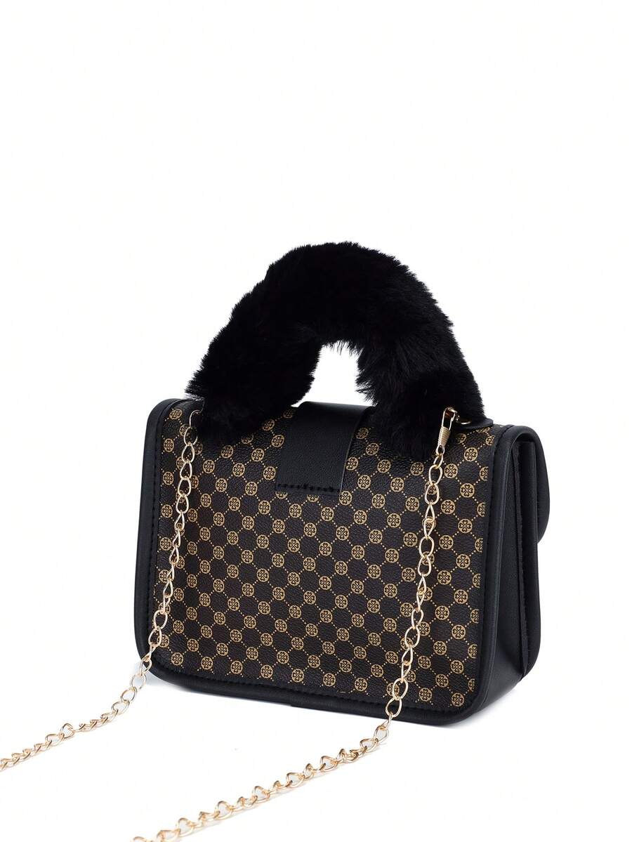 Women's Vintage Plush Handbag With Printed Design Small Square Purse Metal Chain Crossbody Bag Cute Casual Daily Wear Mini Handbag Gift