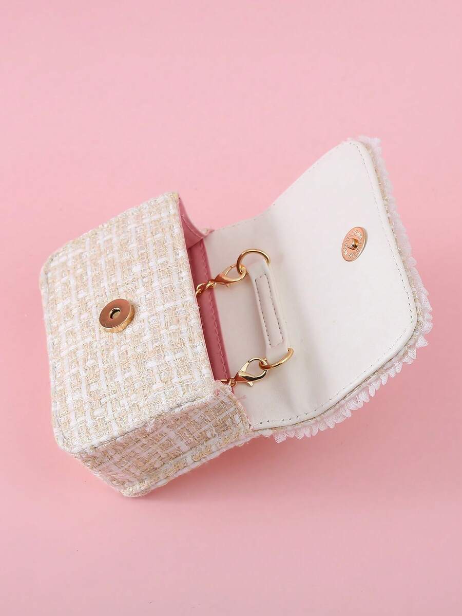 Girls Mini Handbag With Bow Pearl Lace Decor PU Leather Chain Flap Closure Cute Small Purse For Kids Daily Outings Festival Party Gift