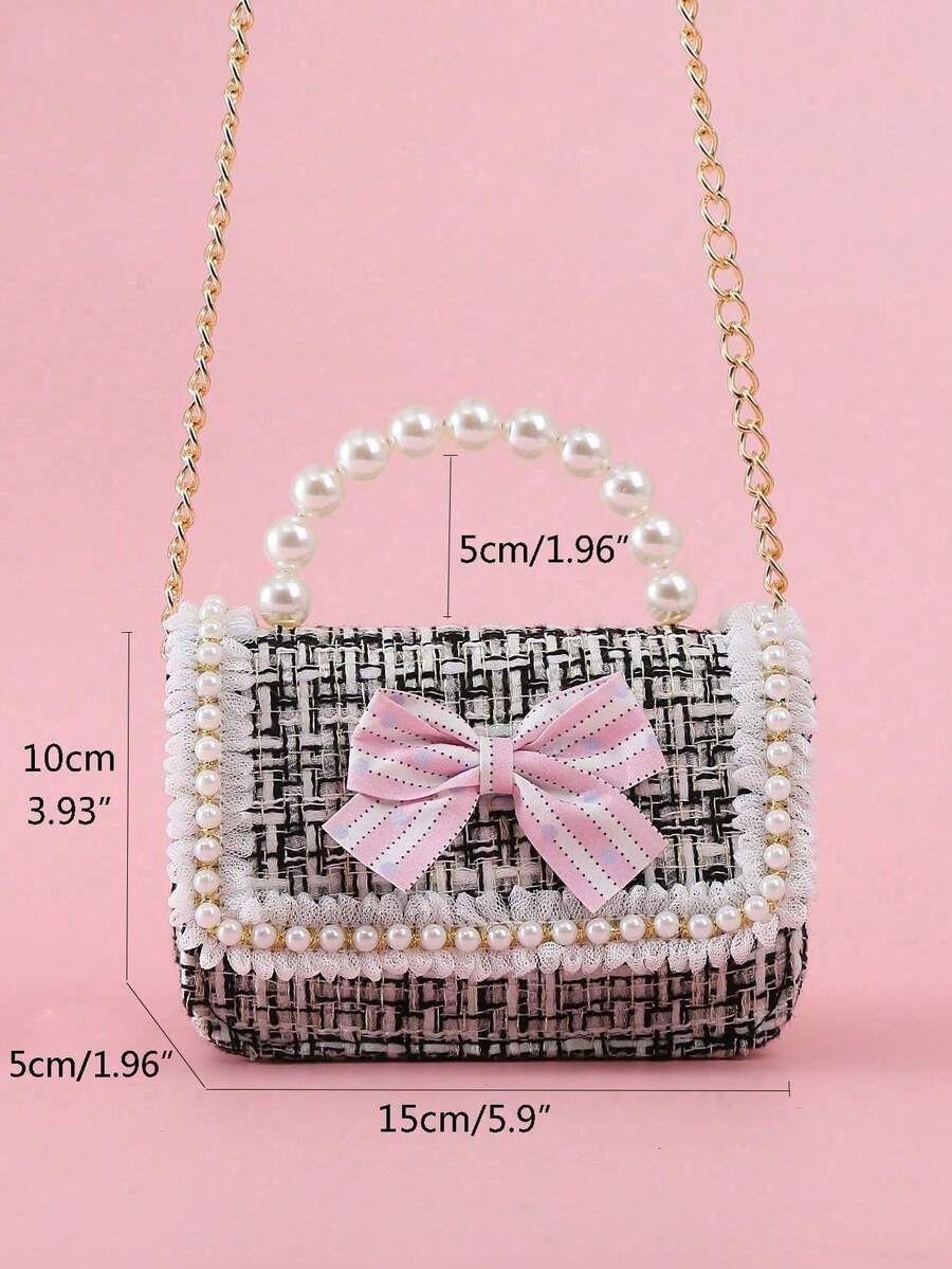 Girls Mini Handbag With Bow Pearl Lace Decor PU Leather Chain Flap Closure Cute Small Purse For Kids Daily Outings Festival Party Gift