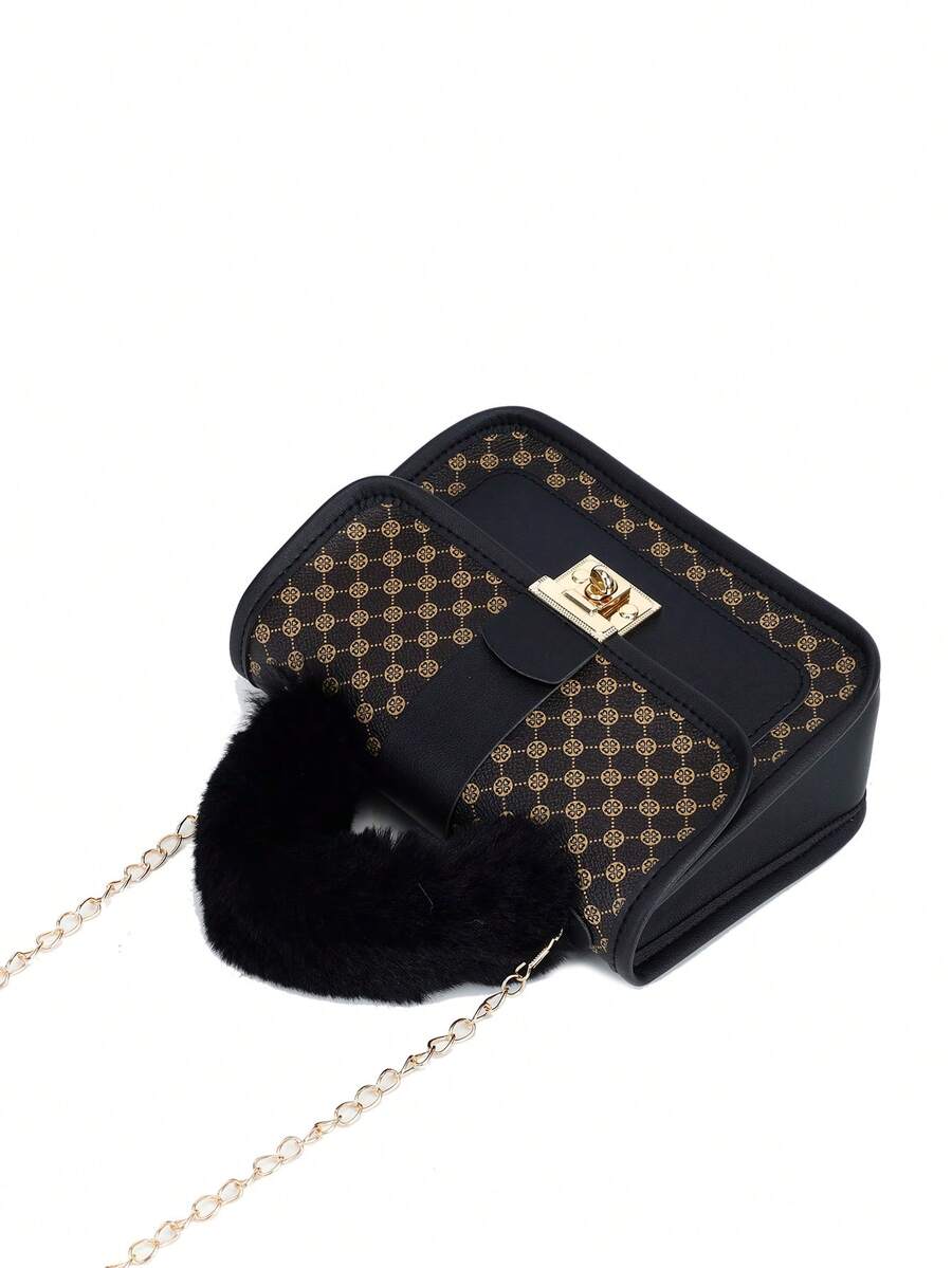 Women's Vintage Plush Handbag With Printed Design Small Square Purse Metal Chain Crossbody Bag Cute Casual Daily Wear Mini Handbag Gift