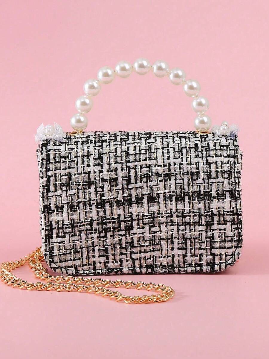 Girls Mini Handbag With Bow Pearl Lace Decor PU Leather Chain Flap Closure Cute Small Purse For Kids Daily Outings Festival Party Gift