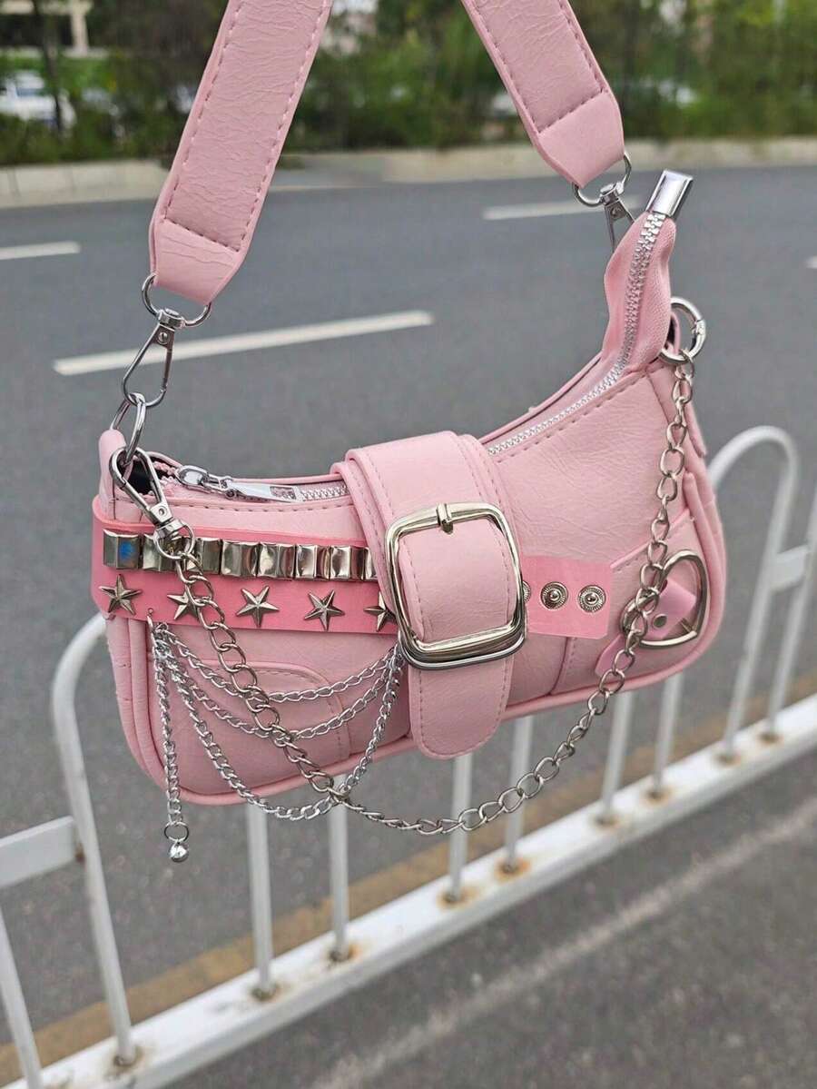 Women's Y2K Star Moon Print Crossbody Bag With Pink Chain Decor Stylish Baguette Shoulder Bag Gothic Steampunk Rock Style Party Purse