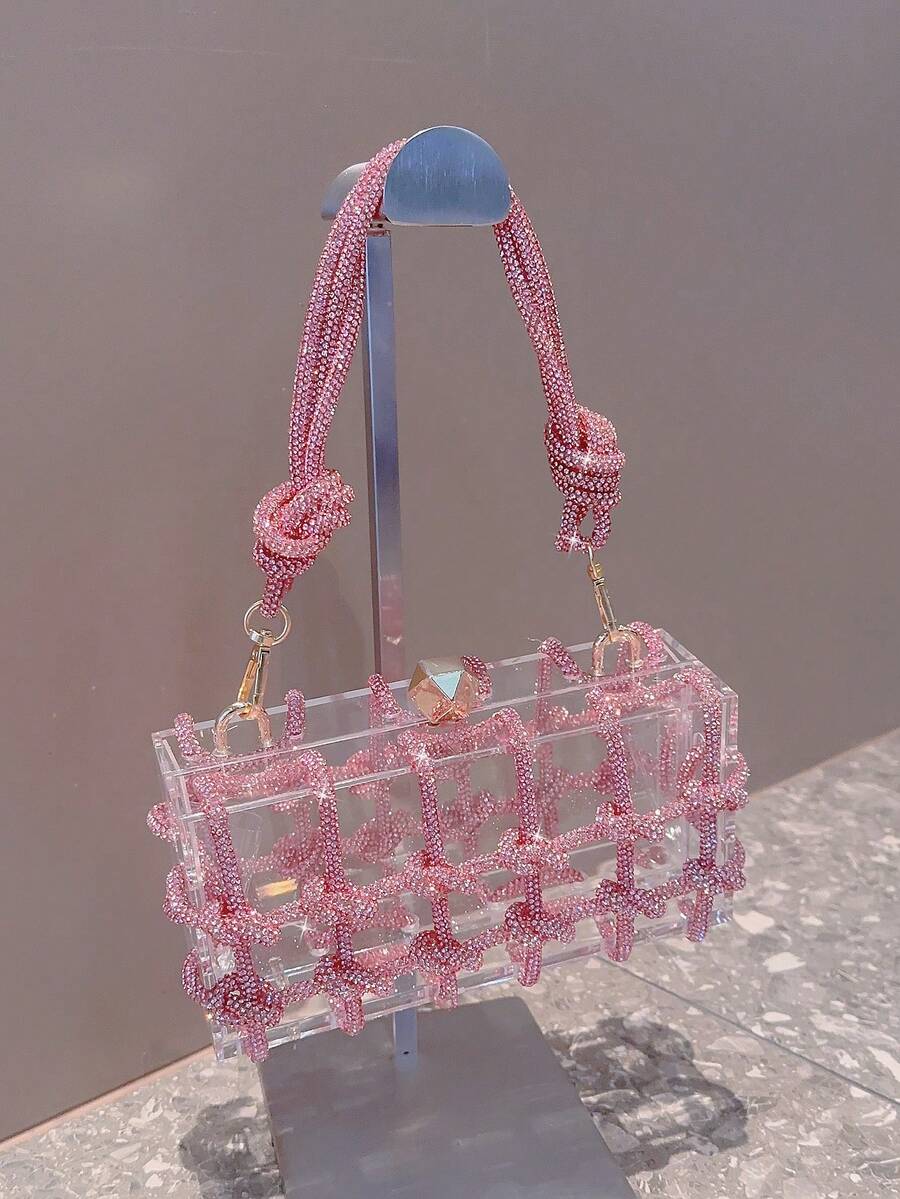 Women's Rhinestone Crescent Moon Clutch Elegant Sparkling Evening Bag With Glitter Detailing Rope Handle Prom Dinner Wedding Party Purse