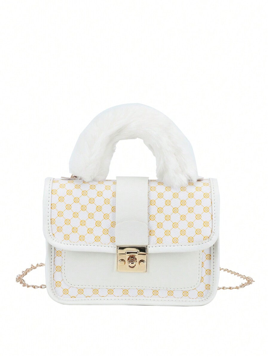 Women's Vintage Plush Handbag With Printed Design Small Square Purse Metal Chain Crossbody Bag Cute Casual Daily Wear Mini Handbag Gift