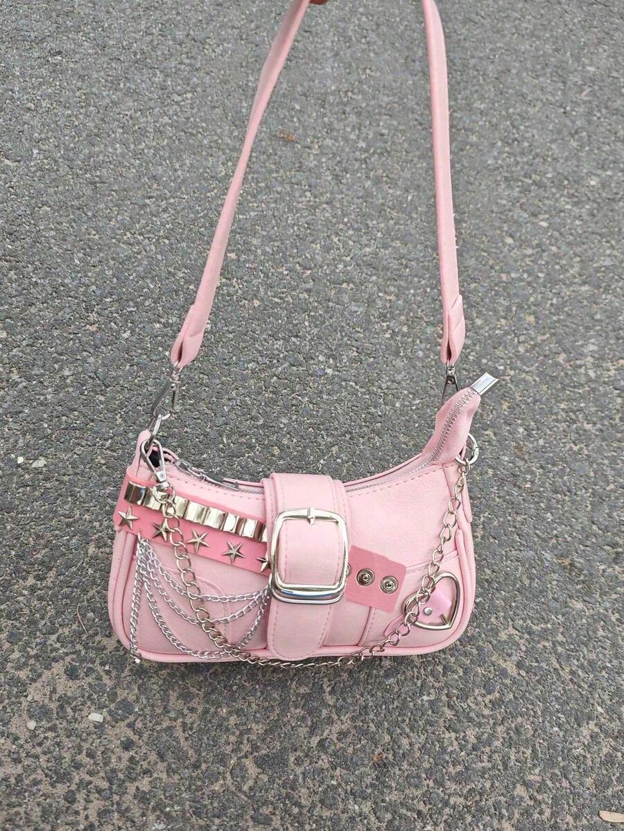 Women's Y2K Star Moon Print Crossbody Bag With Pink Chain Decor Stylish Baguette Shoulder Bag Gothic Steampunk Rock Style Party Purse