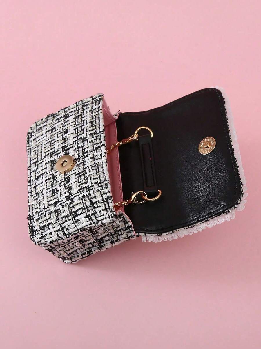 Girls Mini Handbag With Bow Pearl Lace Decor PU Leather Chain Flap Closure Cute Small Purse For Kids Daily Outings Festival Party Gift