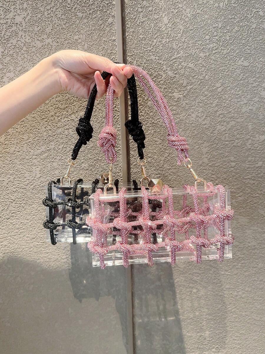 Women's Rhinestone Crescent Moon Clutch Elegant Sparkling Evening Bag With Glitter Detailing Rope Handle Prom Dinner Wedding Party Purse