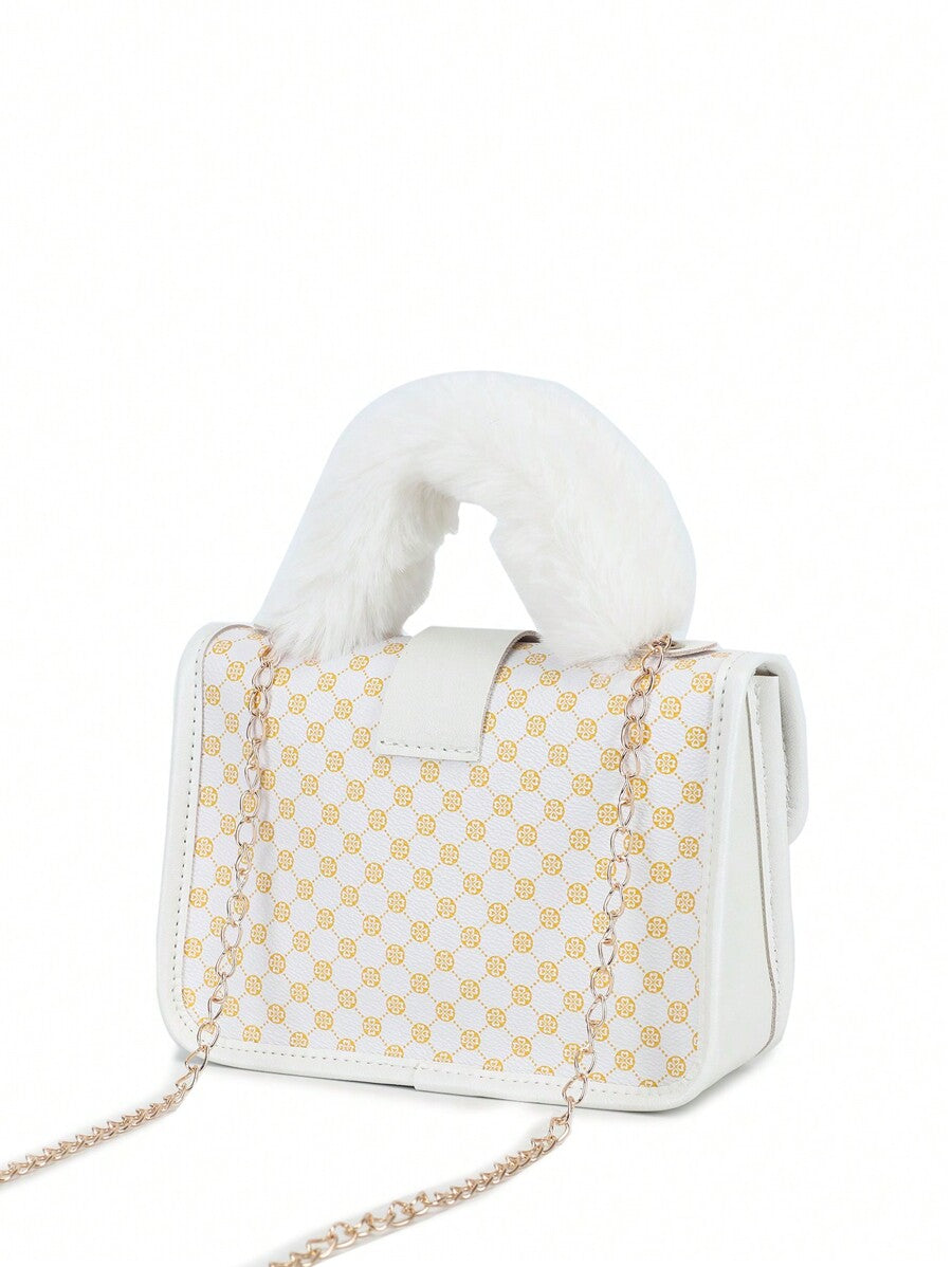 Women's Vintage Plush Handbag With Printed Design Small Square Purse Metal Chain Crossbody Bag Cute Casual Daily Wear Mini Handbag Gift