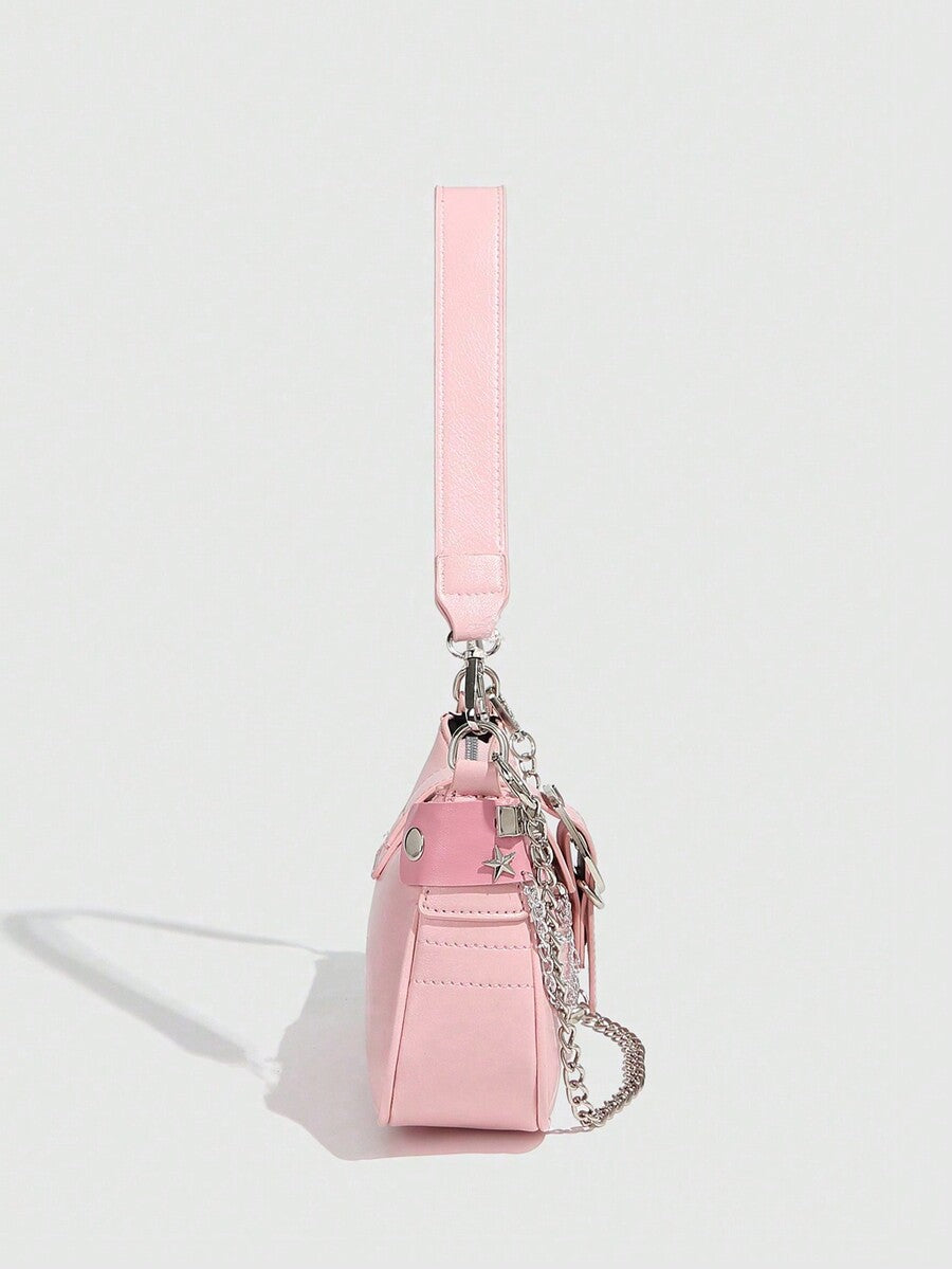 Women's Y2K Star Moon Print Crossbody Bag With Pink Chain Decor Stylish Baguette Shoulder Bag Gothic Steampunk Rock Style Party Purse