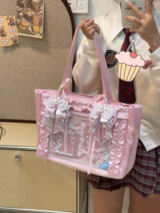 Women's Japanese Harajuku Style Satin Bow Large Capacity Tote Bag Cute Arc Shoulder Purse For Comic Exhibition Cosplay Party Travel Gift