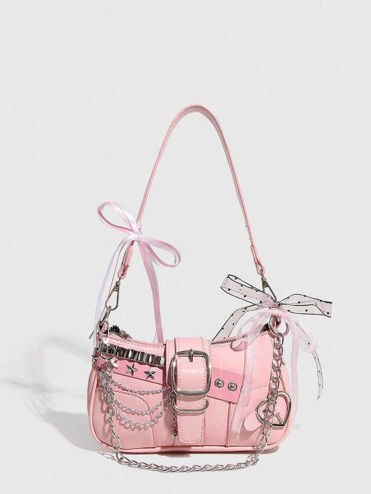 Women's Y2K Star Moon Print Crossbody Bag With Pink Chain Decor Stylish Baguette Shoulder Bag Gothic Steampunk Rock Style Party Purse