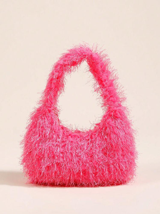 Women's Plush Handbag Autumn Winter New Candy Color Cotton Candy Small Square Bag Elegant Girly Style Hand Carry Tote Fashion Casual Purse