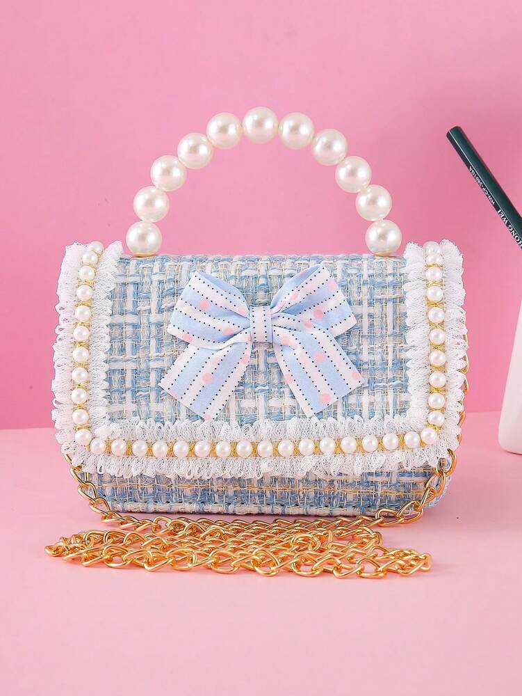 Girls Mini Handbag With Bow Pearl Lace Decor PU Leather Chain Flap Closure Cute Small Purse For Kids Daily Outings Festival Party Gift