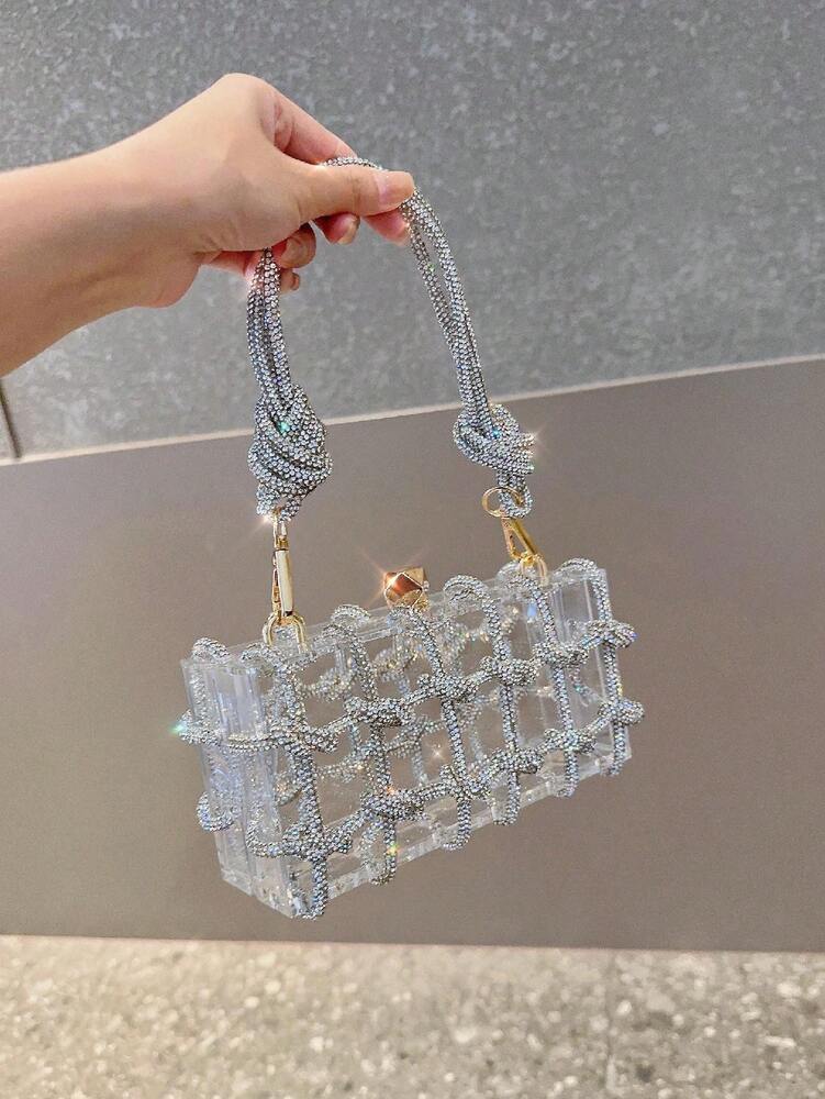 Women's Rhinestone Crescent Moon Clutch Elegant Sparkling Evening Bag With Glitter Detailing Rope Handle Prom Dinner Wedding Party Purse